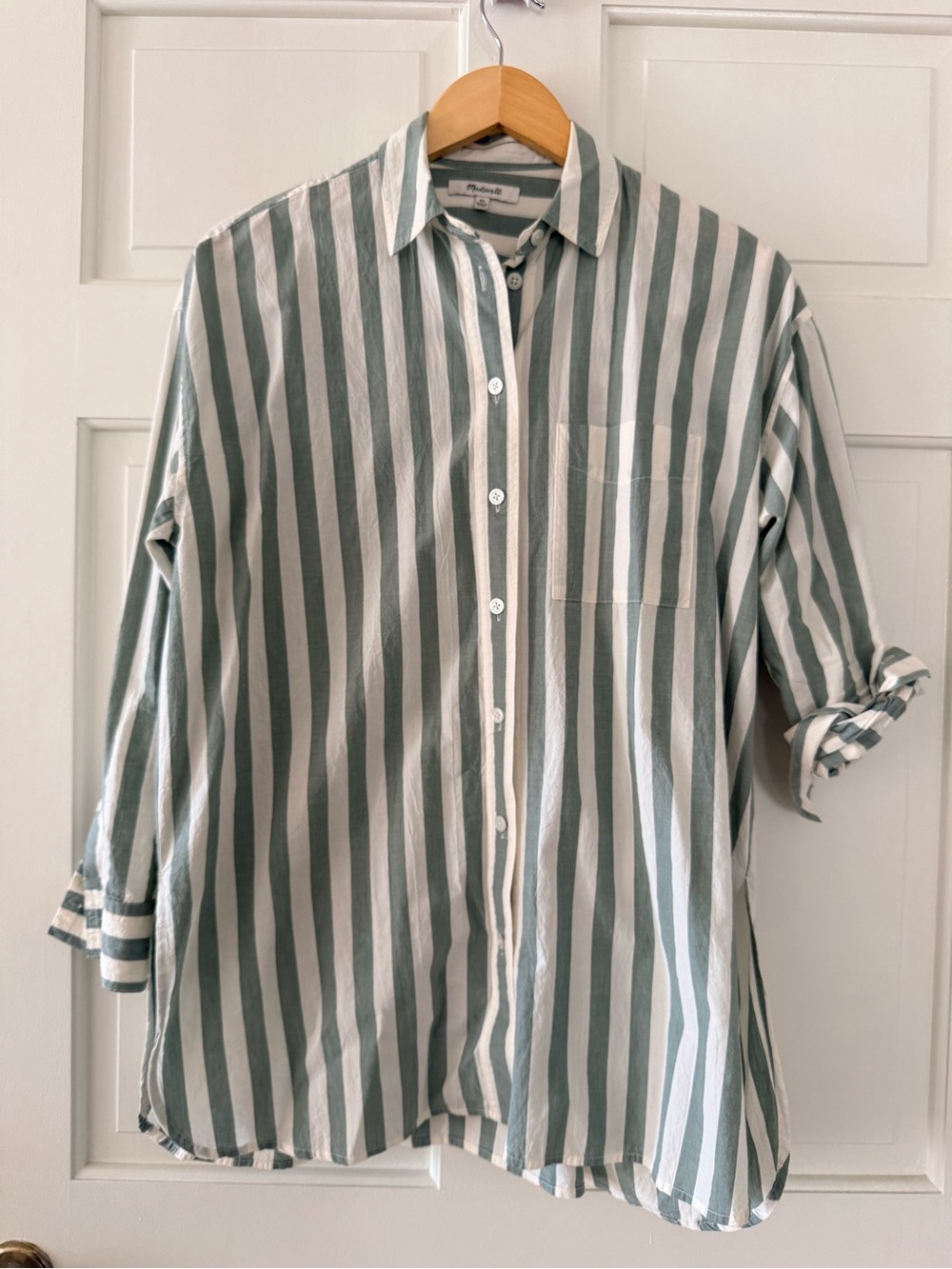 Madewell Green and White Vertical-Striped Women’s Button-Down Shirt